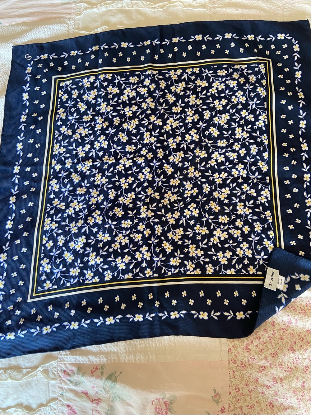 St. John Navy Floral Square Scarf with Yellow and White Accents